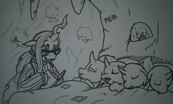 Size: 2560x1536 | Tagged: safe, artist:pony quarantine, queen chrysalis, changeling, changeling queen, g4, bed, book, candle, cave, cavern, clothes, cute, cutealis, cuteling, dork, dorkalis, female, glasses, mommy chrissy, monochrome, reading, sweater