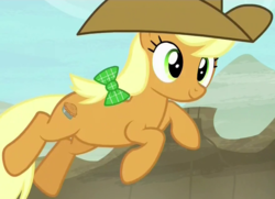 Size: 877x635 | Tagged: safe, screencap, pecan pie (g4), earth pony, pony, appleoosa's most wanted, g4, background pony, bow, cowboy hat, cropped, female, hair bow, hat, leaping, mare, solo