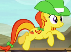 Size: 966x707 | Tagged: safe, screencap, pumpkin soup, earth pony, pony, appleoosa's most wanted, g4, background pony, bow, cowboy hat, cropped, female, hair bow, hat, leaping, mare, solo, tail bow