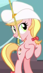 Size: 280x476 | Tagged: safe, screencap, raspberry glaze, earth pony, pony, appleoosa's most wanted, g4, appleloosa resident, background pony, bow, cowboy hat, cropped, female, hair bow, hat, lasso, mare, mouth hold, rearing, rope, smiling, solo