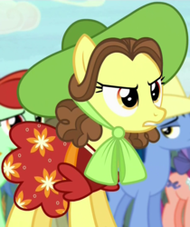 Size: 904x1075 | Tagged: safe, screencap, blues, bonnie rose, candy apples, may fair, noteworthy, earth pony, pony, appleoosa's most wanted, g4, apple family member, background pony, clothes, cropped, dress, female, hat, mare, solo focus