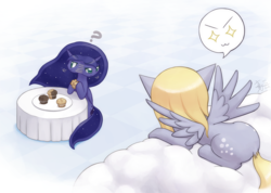 Size: 1407x1000 | Tagged: safe, artist:howxu, derpy hooves, princess luna, pegasus, pony, g4, :3, both cutie marks, cloud, duo, female, food, mare, muffin, on a cloud, prone, sparkly eyes, that pony sure does love muffins, wingding eyes