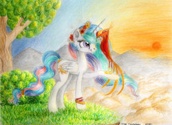 Size: 1024x745 | Tagged: safe, artist:lailyren, philomena, princess celestia, alicorn, phoenix, pony, g4, floral head wreath, flower, missing accessory, mountain, smiling, sunset, traditional art, tree