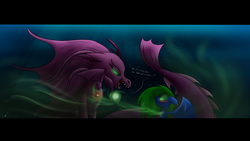 Size: 2300x1300 | Tagged: safe, artist:the4thhomunculus, aria blaze, oc, pegasus, pony, siren, g4, blushing, bubble, duo, fangs, female, fish tail, gem, grin, hypnosis, lidded eyes, looking at each other, looking at someone, ocean, open mouth, sirens doing siren things, smiling, spread wings, tail, underwater, water, wings