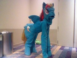 Size: 640x480 | Tagged: safe, rainbow dash, human, g4, clothes, cosplay, costume, indoors, irl, irl human, photo, ponysuit, quadsuit, solo, wat, why