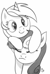 Size: 519x772 | Tagged: safe, artist:ehfa, bon bon, lyra heartstrings, sweetie drops, earth pony, pony, unicorn, g4, black and white, bon bon is not amused, cute, duo, eyes closed, grayscale, looking at you, monochrome, simple background, smiling, white background