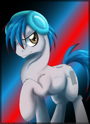 Size: 800x1090 | Tagged: safe, artist:inuhoshi-to-darkpen, oc, oc only, oc:the living tombstone, earth pony, pony, abstract background, dyed mane, headphones, male, no ears, raised hoof, simple background, solo, stallion
