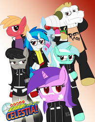 Size: 1000x1283 | Tagged: safe, artist:sonic-chaos, amethyst star, big macintosh, bulk biceps, dj pon-3, lyra heartstrings, octavia melody, photo finish, sparkler, vinyl scratch, earth pony, pony, g4, anime, glasses, male, manga, parody, reborn, stallion