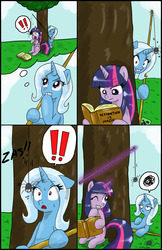 Size: 2142x3303 | Tagged: safe, artist:ciriliko, trixie, twilight sparkle, pony, spider, unicorn, g4, comic, creeper, female, mare, prank, the tables have turned, zas