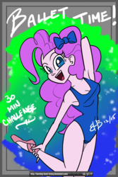 Size: 1024x1536 | Tagged: safe, artist:burning-heart-brony, pinkie pie, equestria girls, g4, 30 minute art challenge, :d, arm behind head, armpits, ballerina, ballet, ballet slippers, breasts, cleavage, female, hair bow, happy, jumping, leotard, looking at you, open mouth, smiling, solo