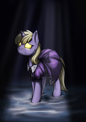 Size: 964x1367 | Tagged: safe, artist:28gooddays, dinky hooves, pony, unicorn, g4, bioshock, clothes, crepuscular rays, crossover, dark, dress, female, glowing eyes, little sister, sad, solo, water