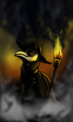 Size: 1200x2000 | Tagged: safe, artist:28gooddays, pony, clothes, coat, fire, fog, hat, mask, plague doctor, plague doctor mask, smoke, solo, torch