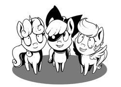 Size: 500x357 | Tagged: safe, alternate version, artist:28gooddays, apple bloom, scootaloo, sweetie belle, earth pony, pegasus, pony, unicorn, g4, creepy, cutie mark crusaders, grayscale, monochrome, shrunken pupils, trio