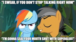 Size: 896x500 | Tagged: safe, edit, edited screencap, screencap, quibble pants, rainbow dash, g4, stranger than fan fiction, caption, image macro, meme, this will end in tears and/or death