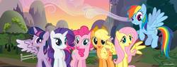 Size: 1656x630 | Tagged: safe, applejack, fluttershy, pinkie pie, rainbow dash, rarity, twilight sparkle, alicorn, pony, g4, official, mane six, ponyville, twilight sparkle (alicorn)