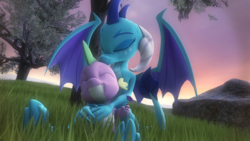 Size: 1920x1080 | Tagged: safe, artist:shadamyfan4evers, princess ember, spike, dragon, g4, 3d, cuddling, female, field, flower, male, rock, romantic, ship:emberspike, shipping, snuggling, source filmmaker, straight, sunset