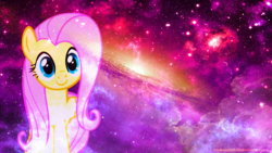 Size: 1920x1080 | Tagged: safe, artist:cosmocatcrafts, fluttershy, pegasus, pony, g4, female, galaxy, looking at you, mare, signature, solo, space, vector, wallpaper