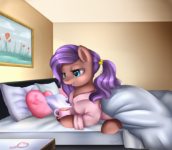 Size: 2600x2275 | Tagged: safe, artist:pridark, oc, oc only, oc:midnight dancer, bed, coffee, flower, high res, mug, pillow, ponytail, purple hair, solo