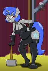 Size: 1200x1800 | Tagged: safe, artist:mofetafrombrooklyn, oc, oc only, unicorn, anthro, apron, belly, broken horn, clothes, hammer, horn, naked apron, socks, solo, thigh boots, thigh highs