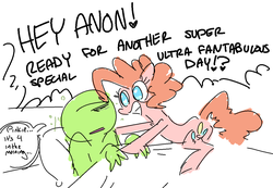 Size: 1186x822 | Tagged: safe, artist:nobody, pinkie pie, oc, oc:anon, earth pony, human, g4, bed, cute, dialogue, excited, happy, morning ponies, text, tired, waking up, yelling
