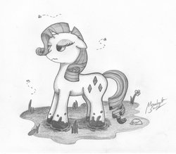 Size: 1143x1000 | Tagged: safe, artist:moonlightscribe, rarity, fly, g4, female, monochrome, mud, solo