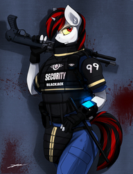 Size: 2300x3000 | Tagged: safe, artist:gasmaskfox, oc, oc only, oc:blackjack, anthro, fallout equestria, fallout equestria: project horizons, armor, colored sclera, gun, high res, horn, pipbuck, riot gear, shotgun, small horn, spas-12, weapon, yellow sclera