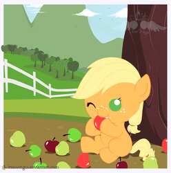 Size: 800x807 | Tagged: safe, artist:freewingss, applejack, earth pony, pony, g4, apple, apple orchard, baby, baby pony, babyjack, cute, eating, female, fence, filly, filly applejack, foal, food, jackabetes, one eye closed, sitting, solo, tree, wink