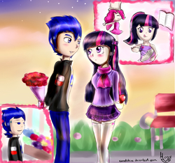 Size: 2000x1873 | Tagged: safe, artist:cometshina, flash sentry, pinkie pie, twilight sparkle, equestria girls, g4, clothes, cute, date, dress, female, flower, human coloration, humanized, male, microskirt, miniskirt, pleated skirt, rose, scarf, ship:flashlight, shipping, skirt, socks, straight, thigh highs, thigh socks, zettai ryouiki
