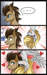 Size: 1000x1600 | Tagged: safe, artist:derpsonhooves, derpy hooves, doctor whooves, time turner, pegasus, pony, g4, female, kissing, male, mare, ship:doctorderpy, shipping, straight, surprised, upside down
