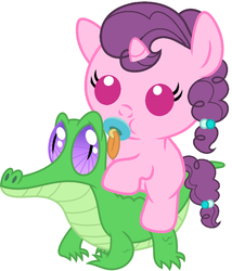 Size: 786x917 | Tagged: safe, artist:red4567, gummy, sugar belle, pony, g4, :t, baby, baby pony, cute, pacifier, ponies riding gators, puffy cheeks, riding, simple background, sugar belle riding gummy, sugarbetes, weapons-grade cute, white background