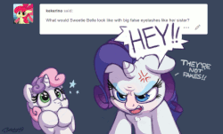 Size: 700x424 | Tagged: safe, artist:bobdude0, rarity, sweetie belle, g4, angry, animated, ask, cross-popping veins, duckface, false eyelashes, female, tumblr