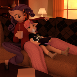 Size: 2500x2500 | Tagged: safe, artist:tahublade7, rarity, sweetie belle, anthro, plantigrade anthro, g4, 3d, clothes, coffee, comfy, creeper, daz studio, feet, high res, minecraft, oversized clothes, oversized shirt, shirt, socks, t-shirt, tablet