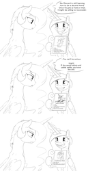 Size: 1280x2487 | Tagged: safe, artist:silfoe, discord, princess cadance, princess celestia, queen chrysalis, trouble shoes, royal sketchbook, g4, bisexual, celestia is not amused, comic, dialogue, frown, grayscale, grin, monochrome, nervous, nervous smile, princess of shipping, sheepish grin, shipper on deck, smiling, unamused