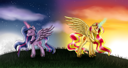 Size: 4000x2130 | Tagged: safe, artist:gaelledragons, sunset shimmer, twilight sparkle, alicorn, pony, g4, alicornified, cloud, crown, duo, ethereal mane, eyes closed, female, hoof shoes, jewelry, magic, mare, moon, moonrise, older, peytral, race swap, regalia, shimmercorn, split sky, spread wings, starry mane, stars, sun, sunset, twilight (astronomy), twilight sparkle (alicorn), ultimate twilight