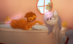 Size: 3703x2250 | Tagged: safe, artist:marsminer, oc, oc only, oc:sterling silver, oc:venus spring, bath, collar, frog (hoof), high res, hooficure, hooves, smiling, underhoof, venus spring actually having a pretty good time