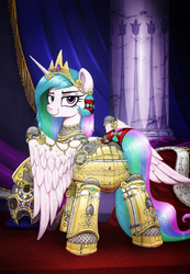 Size: 8500x12300 | Tagged: safe, artist:selenophile, princess celestia, alicorn, pony, g4, absurd resolution, armor, bedroom eyes, butt, carpet, column, curtains, detailed, dock, female, gold, helmet, horn, horn ring, jewelry, leather straps, looking at you, looking back, love and tolerance, mare, plate armor, plot, raised tail, red carpet, scale armor, scale mail, scales, smiling, smirk, solo, tail, tail wrap, throne room, wings