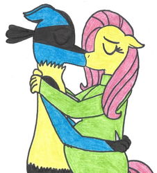 Size: 640x708 | Tagged: safe, artist:misseljebel, fluttershy, oc, oc:bloodfang, lucario, anthro, g4, canon x oc, clothes, female, kissing, male, pokémon, pregnant, shipping, straight, sweater, sweatershy