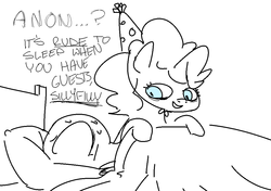 Size: 1076x757 | Tagged: safe, artist:nobody, pinkie pie, oc, oc:anon, human, g4, dialogue, hat, party hat, scared, sketch, sweat