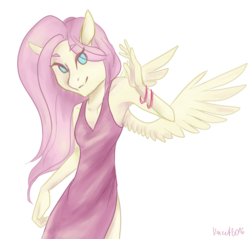 Size: 1224x1168 | Tagged: safe, artist:vautaryt, fluttershy, anthro, g4, armpits, clothes, dress, female, simple background, solo, spread wings, transparent background, waving