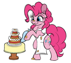 Size: 1000x880 | Tagged: safe, artist:ramott, pinkie pie, pony, g4, :3, apron, bipedal, cake, clothes, female, food, frosting, harelip, sketchy, solo