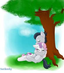 Size: 700x800 | Tagged: safe, artist:sarikashy, rumble, sweetie belle, g4, cuddling, cutie mark, female, male, ship:rumbelle, shipping, snuggling, straight, the cmc's cutie marks