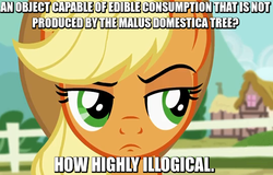 Size: 536x343 | Tagged: safe, edit, edited screencap, screencap, applejack, g4, three's a crowd, apple, exospeak gag, fascinating, food, illogical, image macro, meme, parody, scientific name, spock, star trek, that equine does indeed enjoy the fruit of trees of the malus genus, that pony sure does love apples, unconvinced applejack