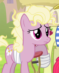 Size: 602x747 | Tagged: safe, screencap, buttermilk (g4), flam, earth pony, pony, g4, leap of faith, background pony, bandage, crutches, female, illness, mare, name suggestion in the comments, solo focus