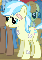 Size: 474x677 | Tagged: safe, screencap, candy mane, carrot top, cultivar, dirtbound, golden harvest, pokey pierce, pony, g4, leap of faith, background pony, bandage, illness, not coco, solo focus