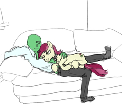 Size: 999x900 | Tagged: safe, artist:ara, roseluck, oc, oc:anon, earth pony, human, pony, g4, collar, couch, cuddling, duo, female, human on pony petting, human on pony snuggling, looking at each other, male, mare, one eye closed, partial color, petting, pony pet, rosepet, smiling, snuggling