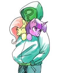 Size: 711x897 | Tagged: safe, artist:ara, fluttershy, twilight sparkle, oc, oc:anon, oc:anonymous, alicorn, human, pegasus, pony, g4, carrying, clothes, cuddling, female, hoodie, male, mare, simple background, snuggling, white background