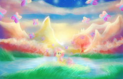 Size: 1594x1025 | Tagged: safe, artist:loveless-nights, fluttershy, butterfly, pegasus, pony, g4, female, filly, folded wings, grass, lake, looking at something, looking up, mountain, outdoors, prone, scenery, sky, smiling, so many wonders, solo, sun, wings