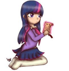 Size: 3500x3580 | Tagged: safe, artist:cometshina, twilight sparkle, human, g4, female, high res, humanized, implied flash sentry, kneeling, list, solo