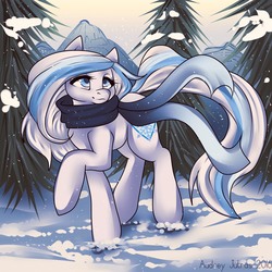 Size: 1500x1500 | Tagged: safe, artist:fur-what-loo, oc, oc only, oc:arctic heart, pony, clothes, scarf, snow, snowfall, solo