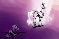 Size: 1280x853 | Tagged: safe, artist:ara, princess celestia, twilight sparkle, alicorn, pony, g4, butt, crying, duo, female, mare, plot, screaming, twilight sparkle (alicorn), underhoof